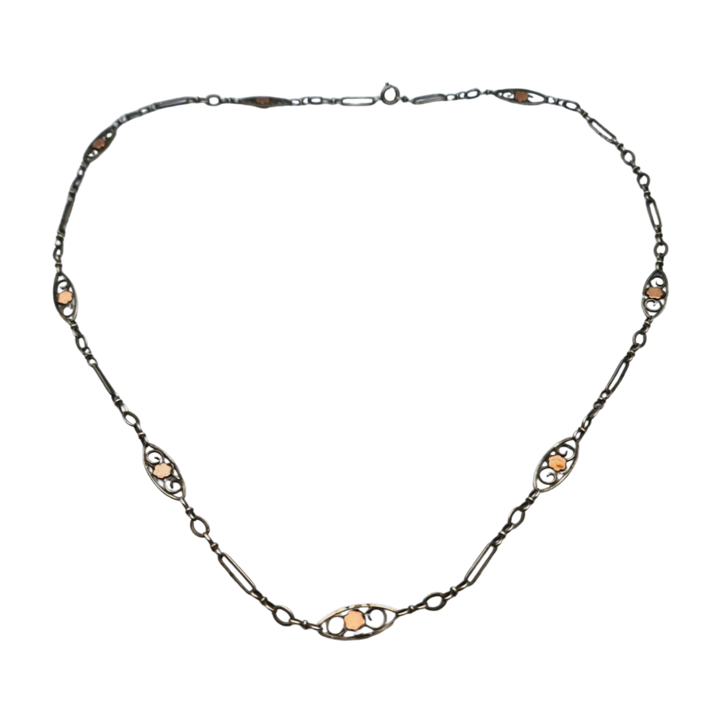 Napoleon III necklace in silver and rose gold filled circa 1890 with openwork flowers