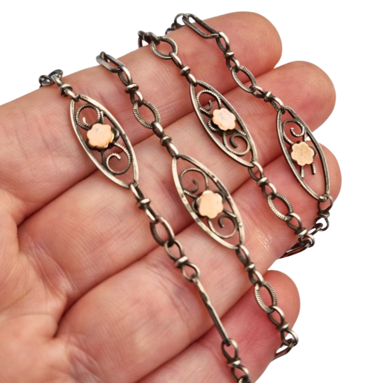 Napoleon III necklace in silver and rose gold filled circa 1890 with openwork flowers