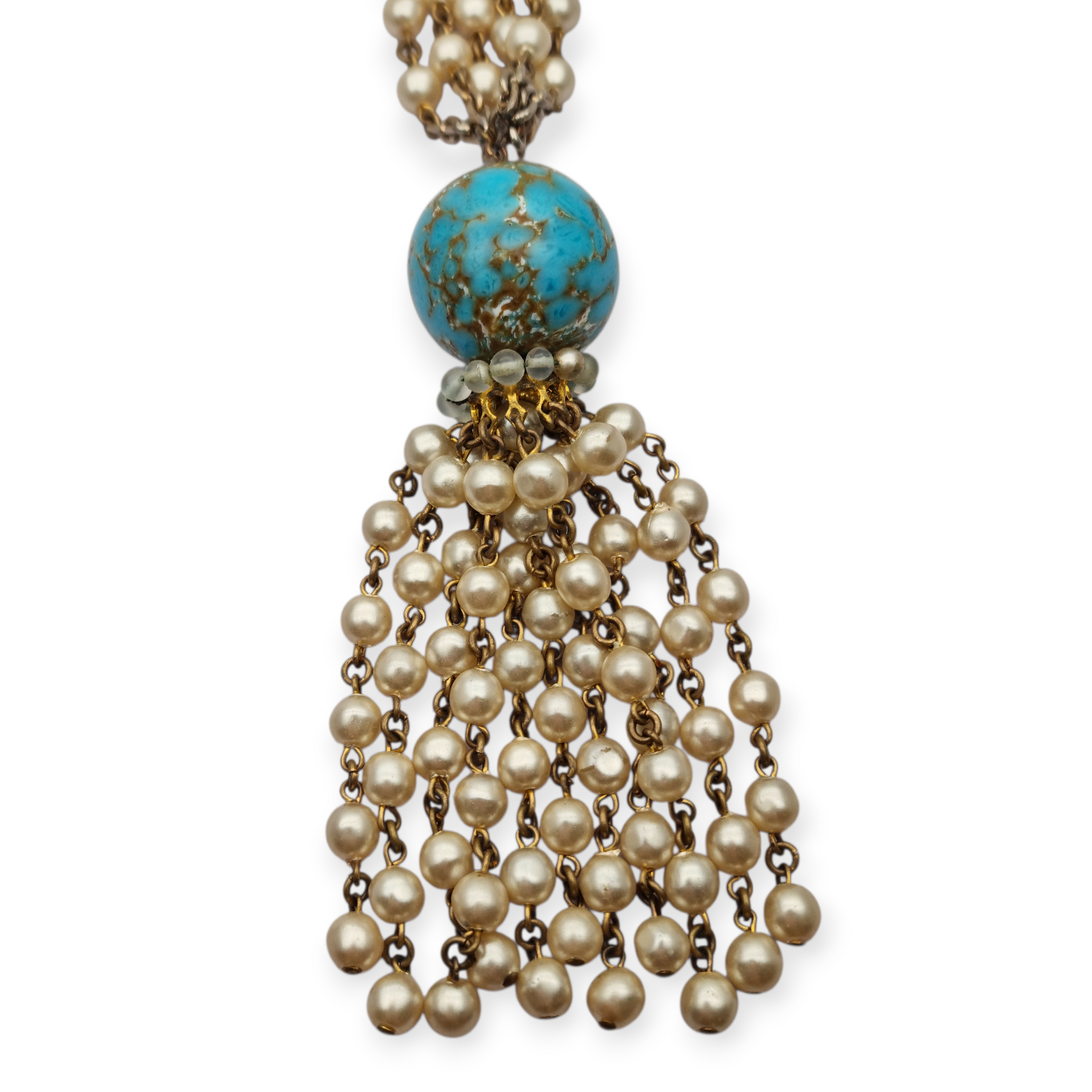 Vintage costume jewelry necklace with pearl tassel and turquoise bead, 1980s
