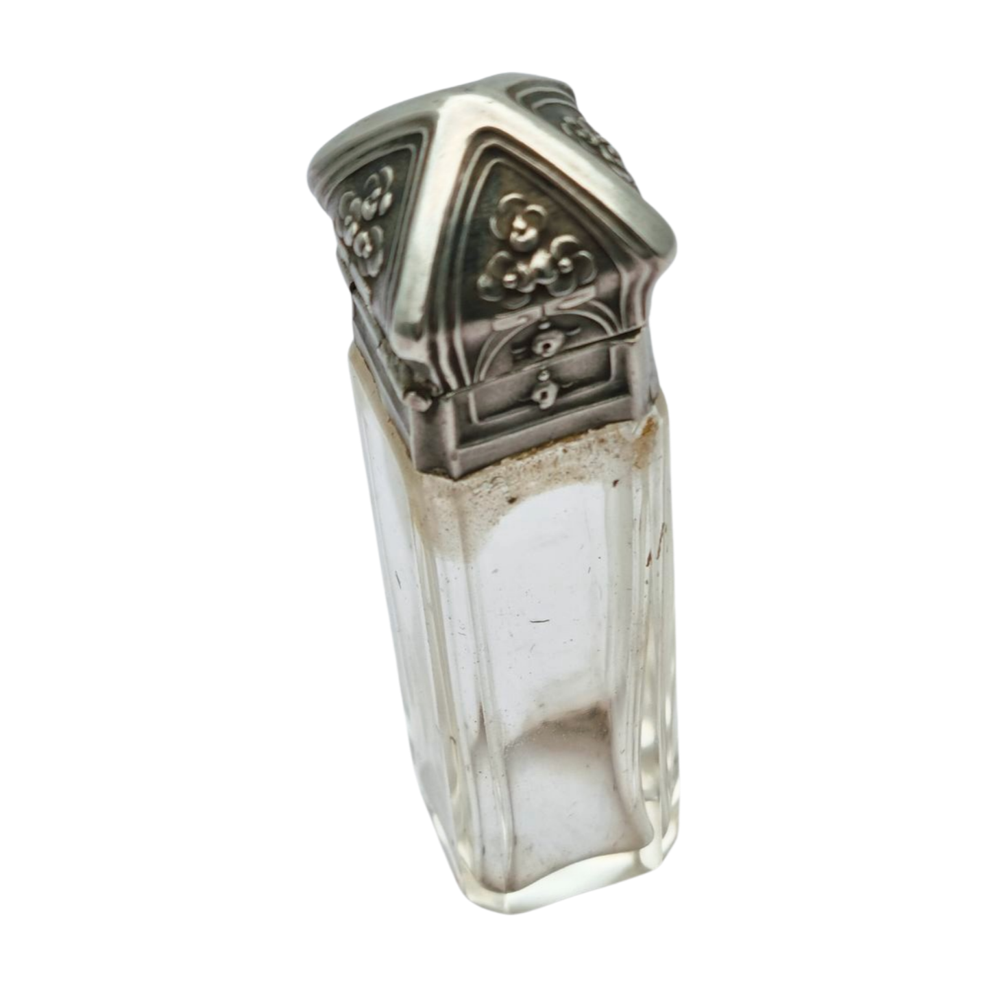 Frasco de perfume Belle Époque de plata grabada y cristal, circa 1900