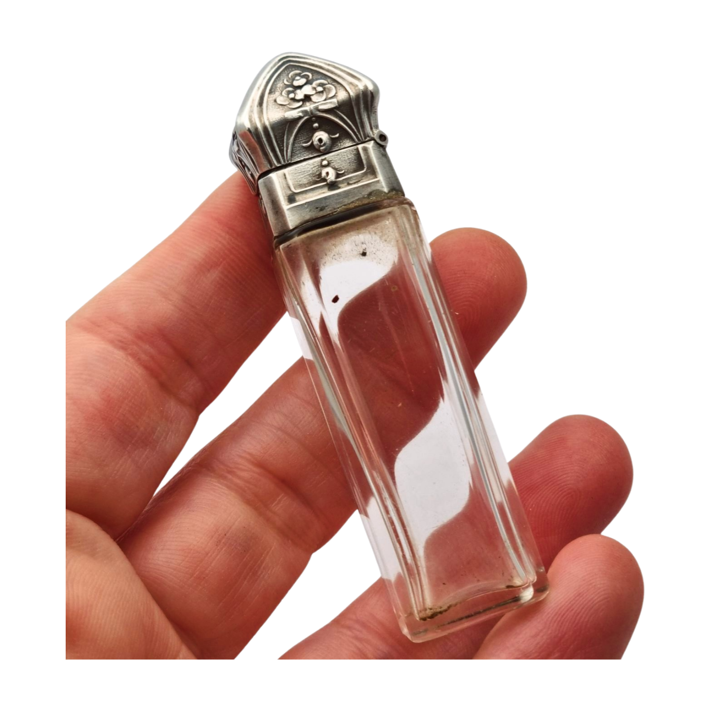 Frasco de perfume Belle Époque de plata grabada y cristal, circa 1900