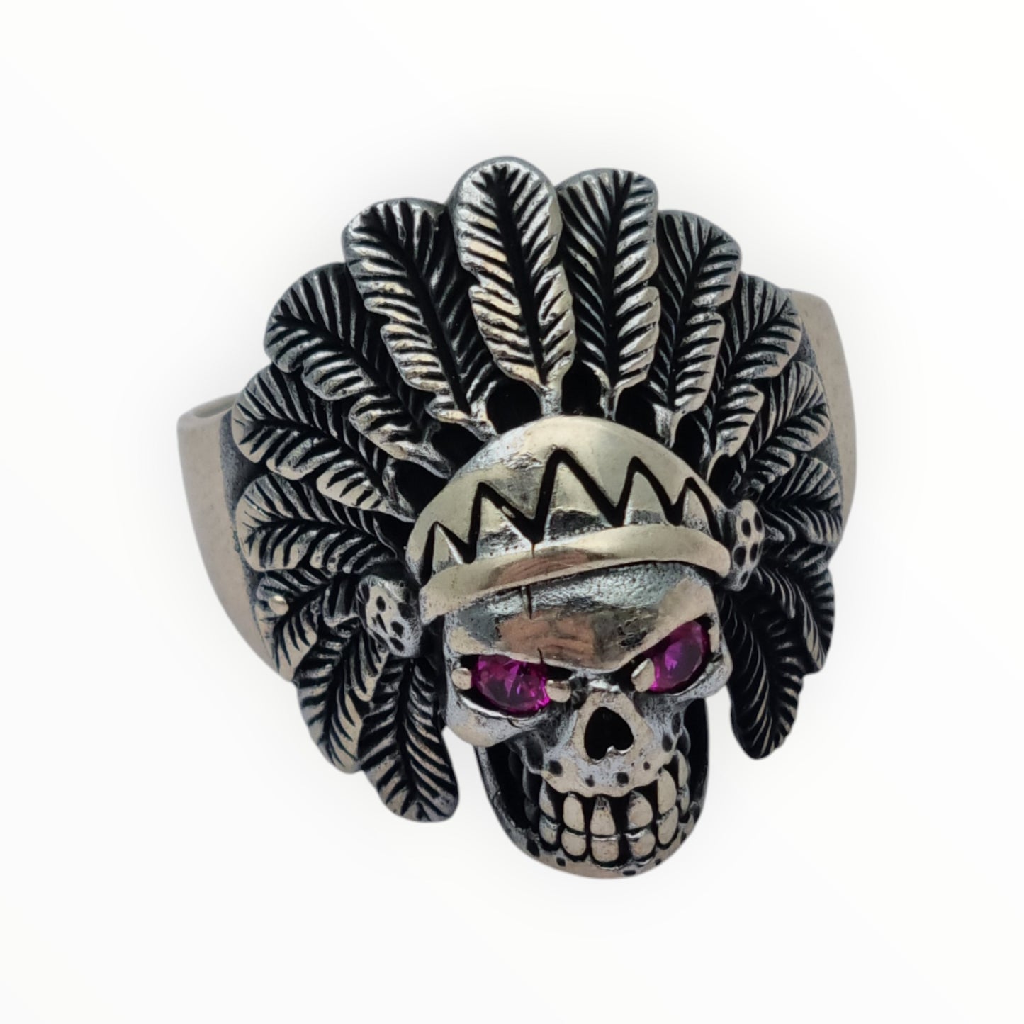 Skull ring in 925 silver with pink rhinestone eyes, 1990s