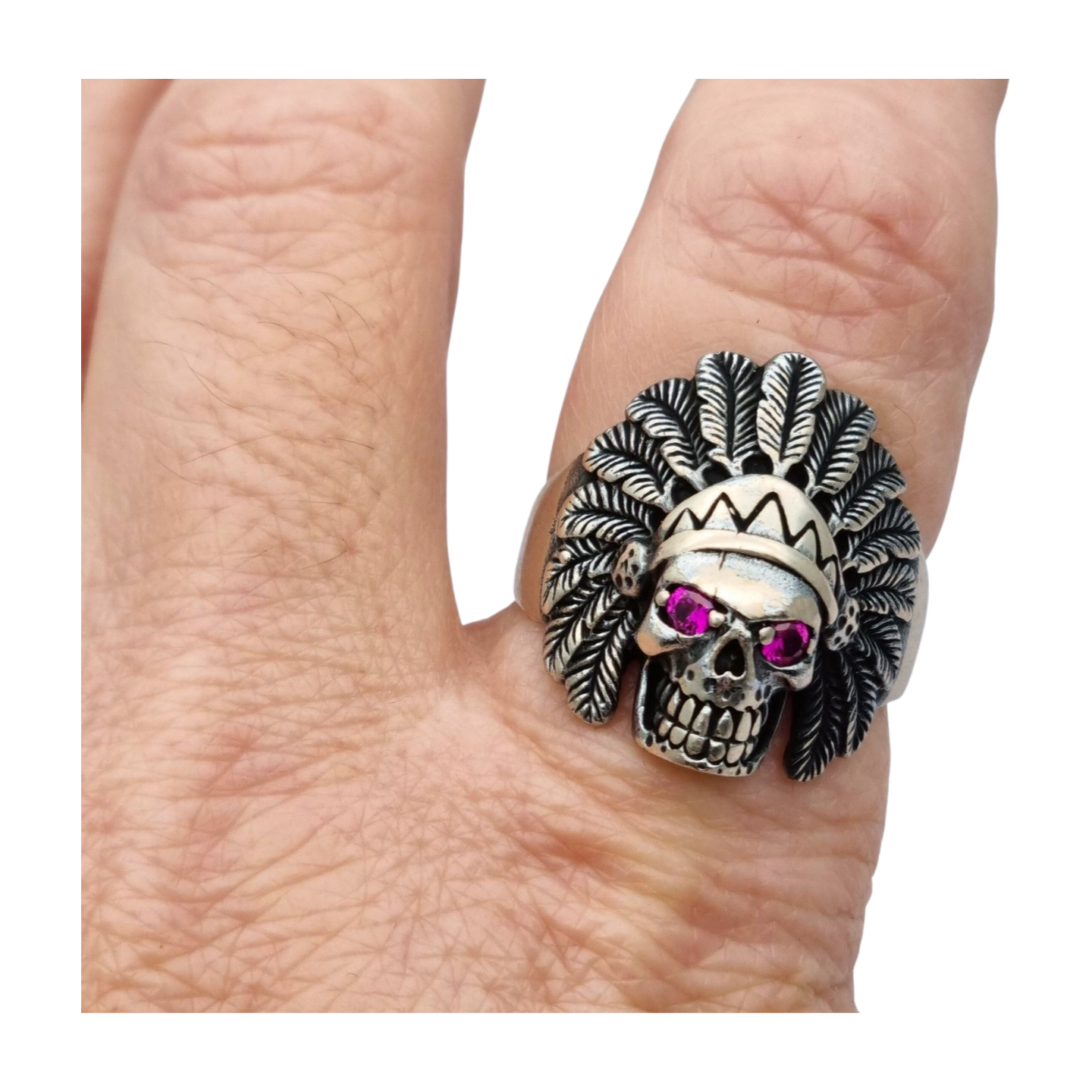 Skull ring in 925 silver with pink rhinestone eyes, 1990s