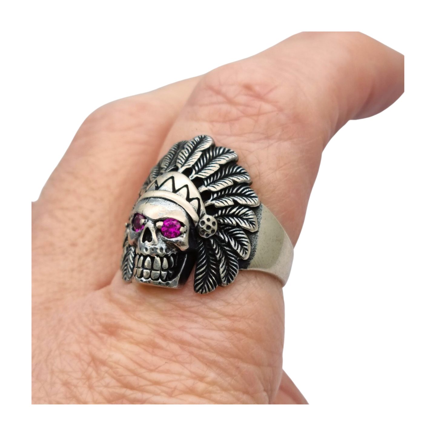 Skull ring in 925 silver with pink rhinestone eyes, 1990s