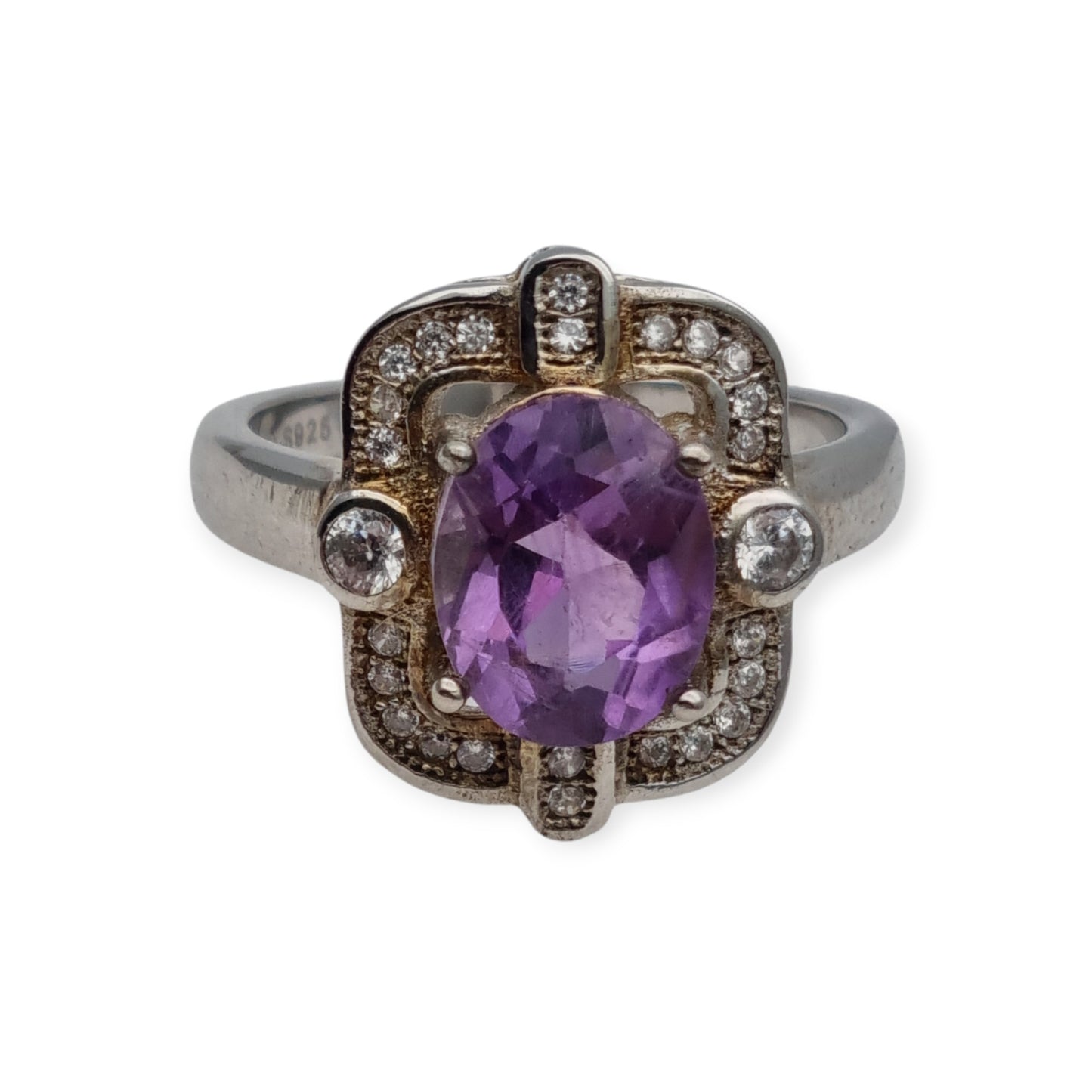 Art Deco style ring with amethyst and cubic zirconia in sterling silver, 1980s-1990s
