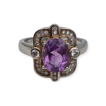Art Deco style ring with amethyst and cubic zirconia in sterling silver, 1980s-1990s