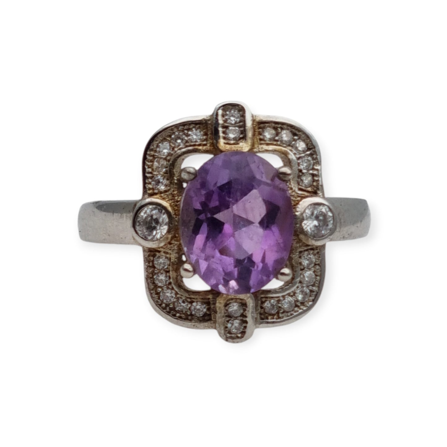 Art Deco style ring with amethyst and cubic zirconia in sterling silver, 1980s-1990s