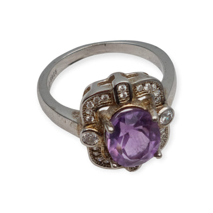 Art Deco style ring with amethyst and cubic zirconia in sterling silver, 1980s-1990s