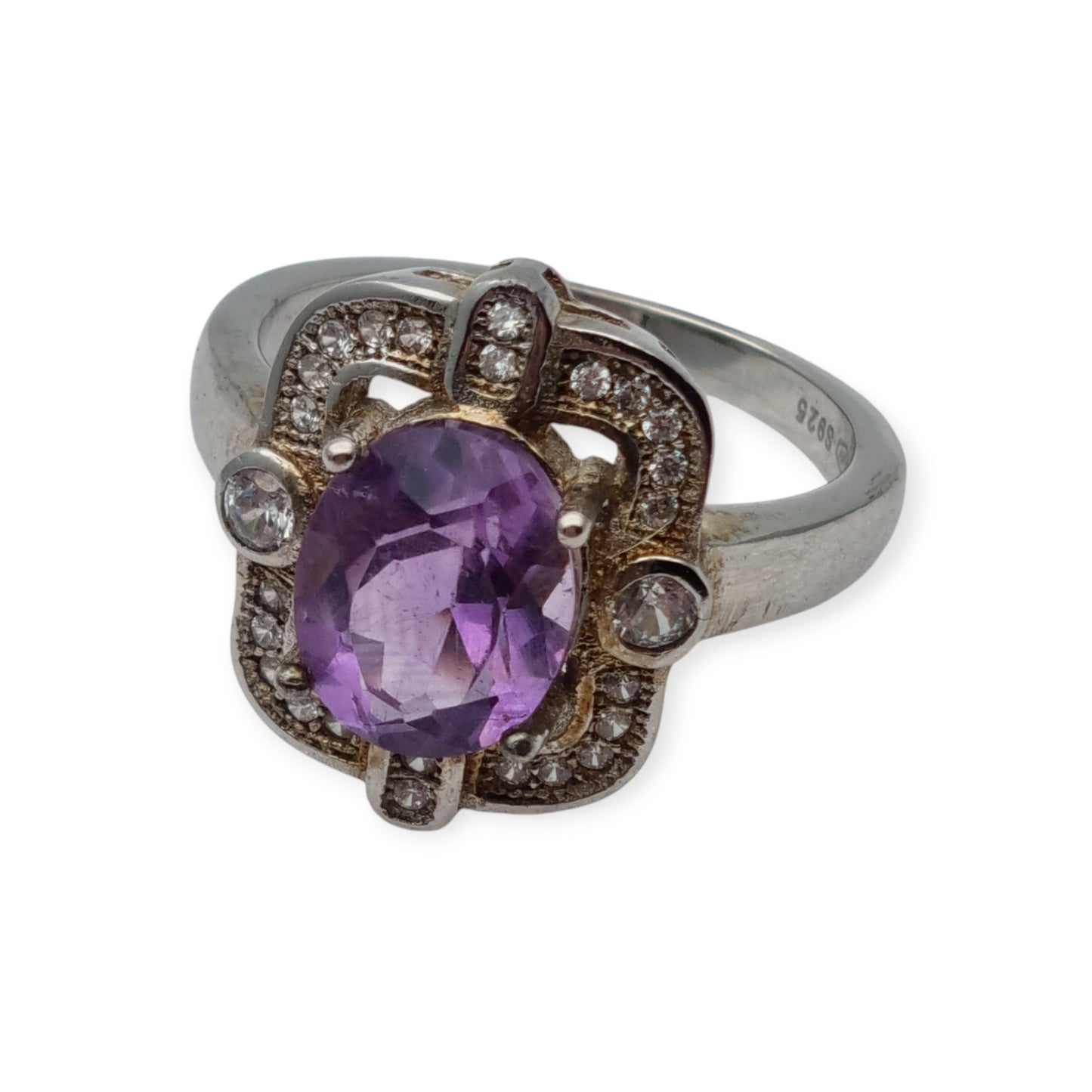 Art Deco style ring with amethyst and cubic zirconia in sterling silver, 1980s-1990s