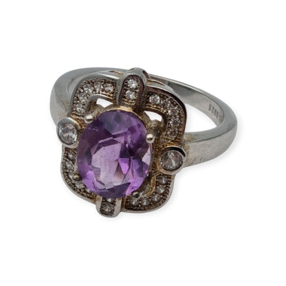 Art Deco style ring with amethyst and cubic zirconia in sterling silver, 1980s-1990s