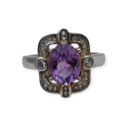 Art Deco style ring with amethyst and cubic zirconia in sterling silver, 1980s-1990s
