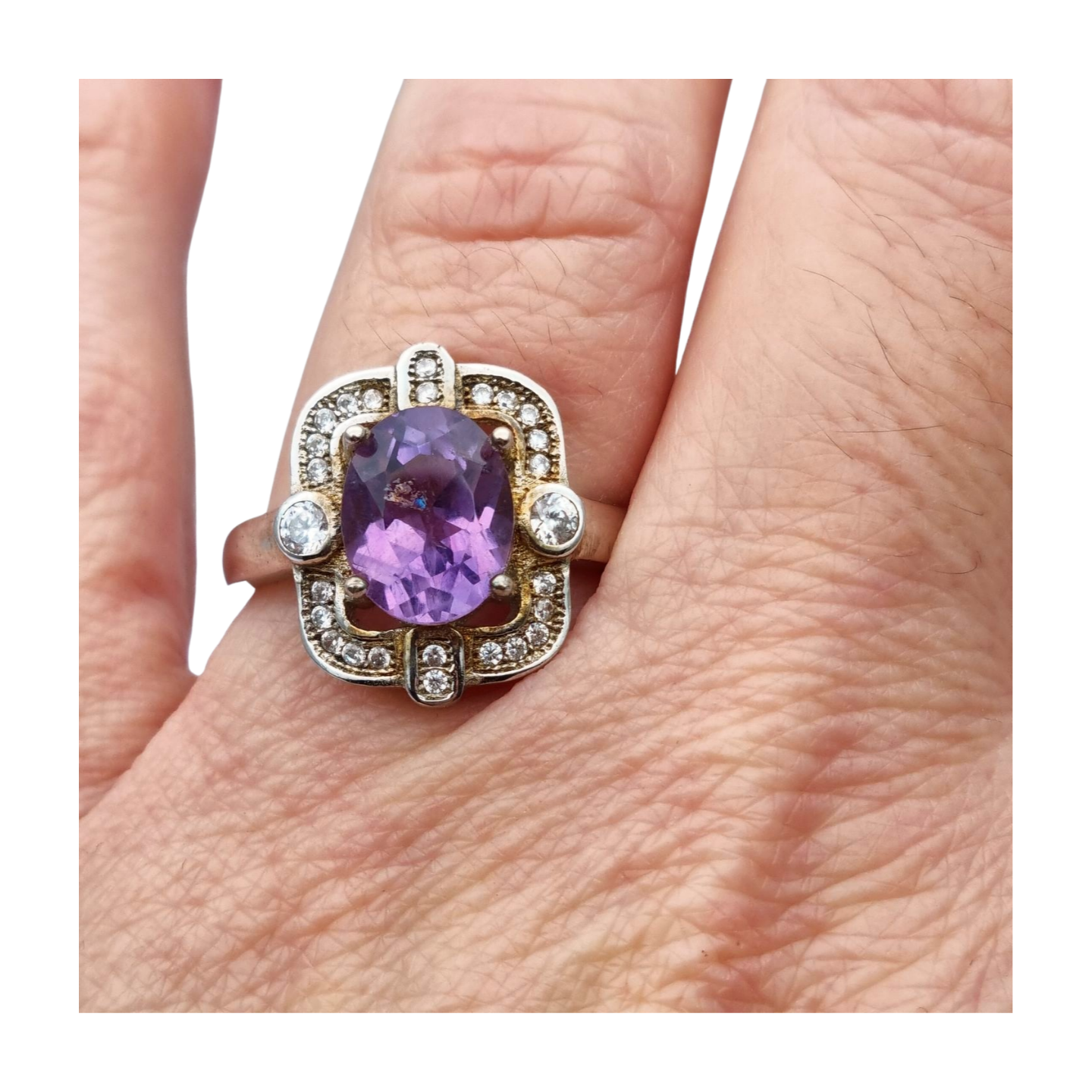 Art Deco style ring with amethyst and cubic zirconia in sterling silver, 1980s-1990s