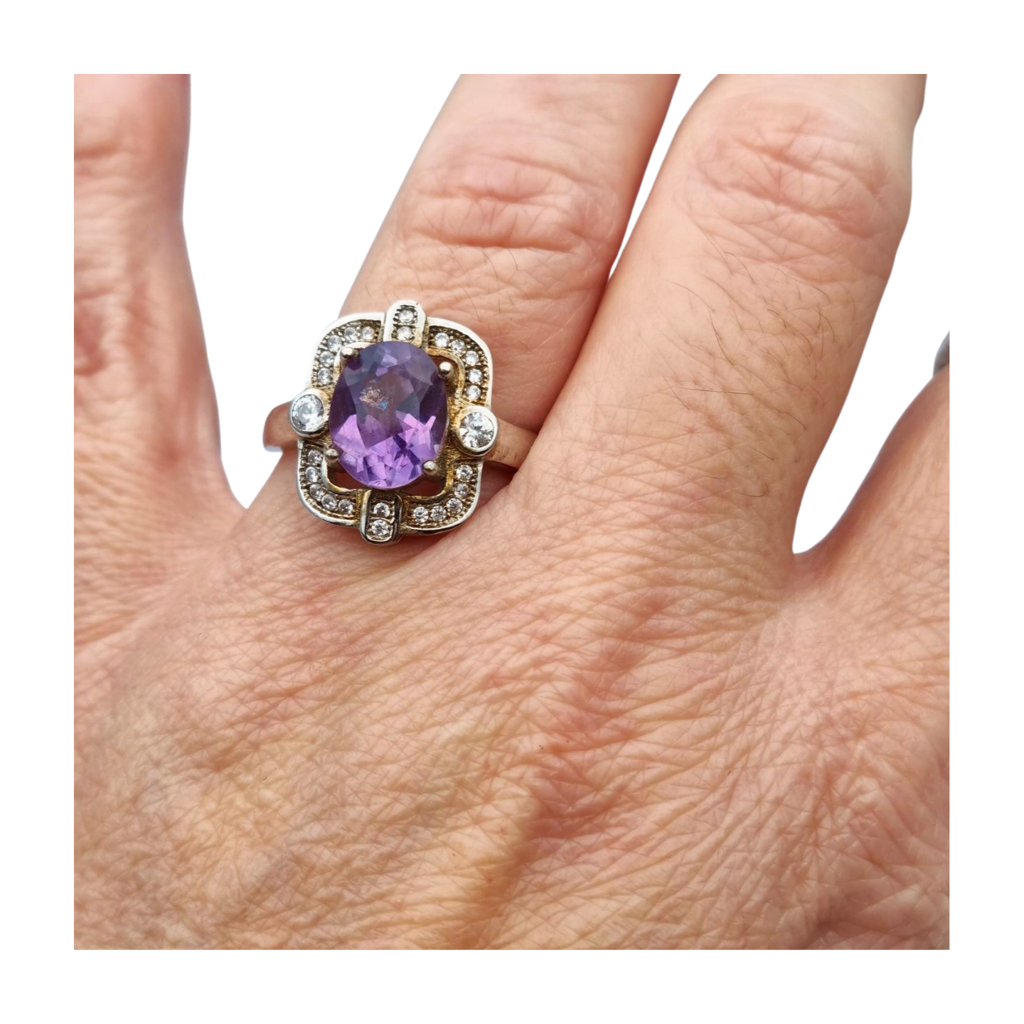 Art Deco style ring with amethyst and cubic zirconia in sterling silver, 1980s-1990s