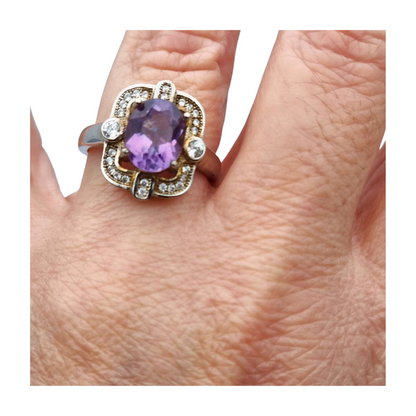 Art Deco style ring with amethyst and cubic zirconia in sterling silver, 1980s-1990s