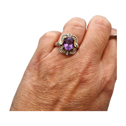 Art Deco style ring with amethyst and cubic zirconia in sterling silver, 1980s-1990s