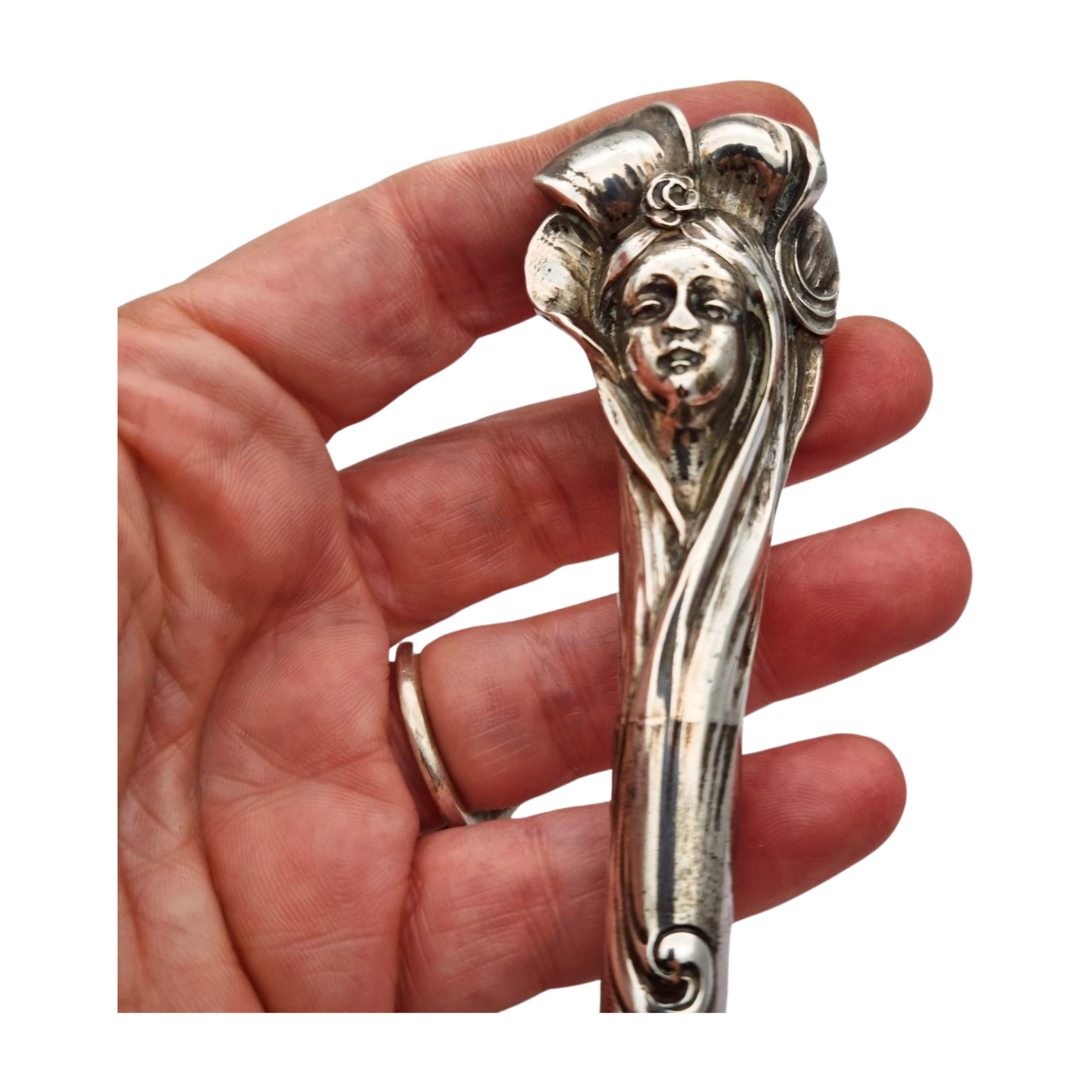 Jugendstil silver umbrella handle with female face circa 1900