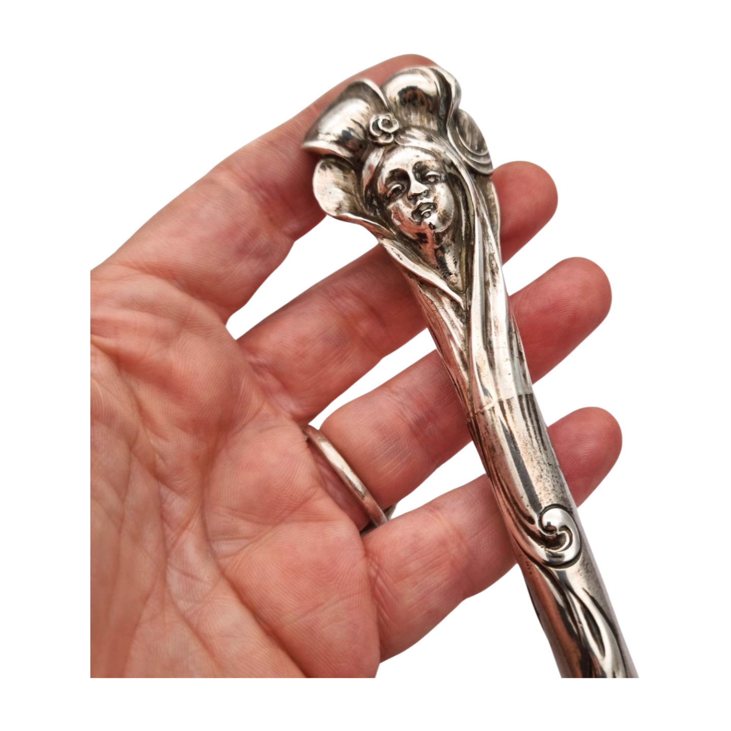 Jugendstil silver umbrella handle with female face circa 1900