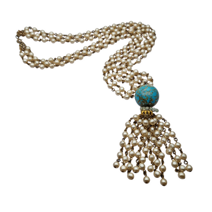 Vintage costume jewelry necklace with pearl tassel and turquoise bead, 1980s