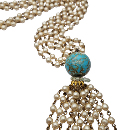 Vintage costume jewelry necklace with pearl tassel and turquoise bead, 1980s