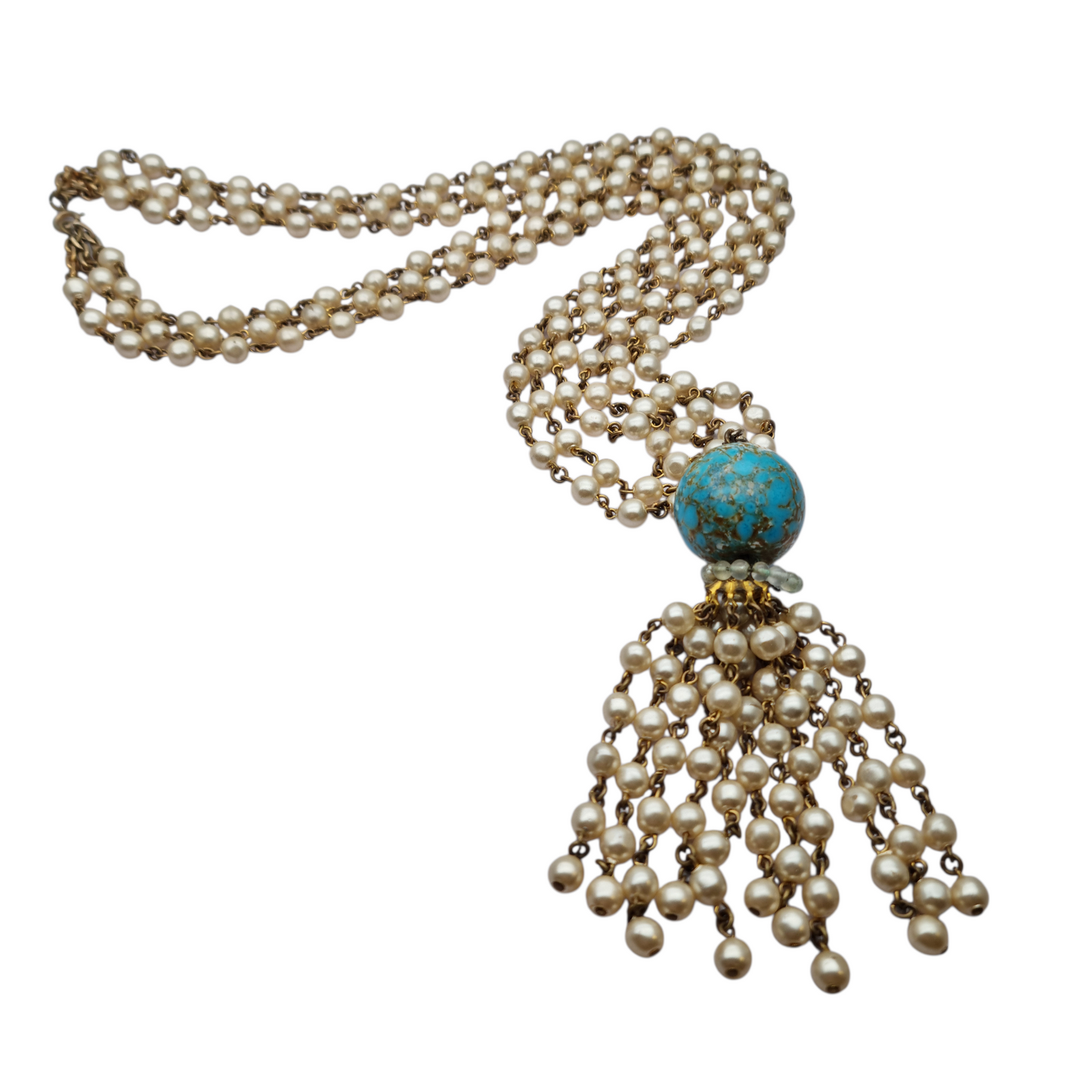 Vintage costume jewelry necklace with pearl tassel and turquoise bead, 1980s