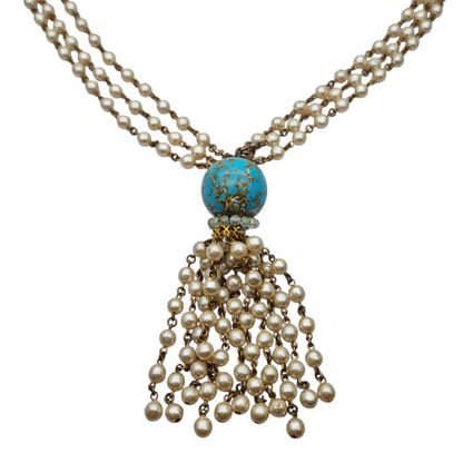 Vintage costume jewelry necklace with pearl tassel and turquoise bead, 1980s