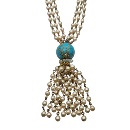 Vintage costume jewelry necklace with pearl tassel and turquoise bead, 1980s