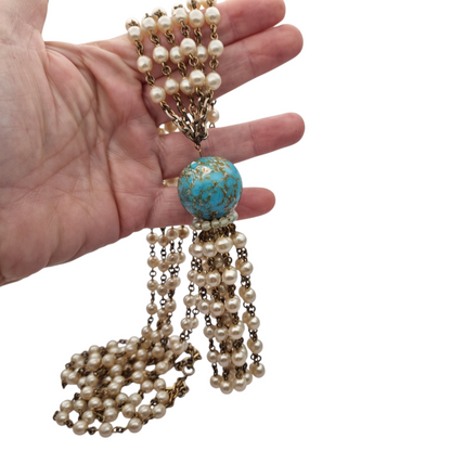 Vintage costume jewelry necklace with pearl tassel and turquoise bead, 1980s