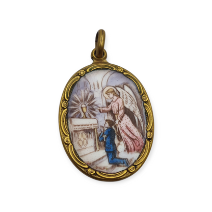 Art Nouveau religious medal in metal and enamel, circa 1910-20, angel and child in adoration