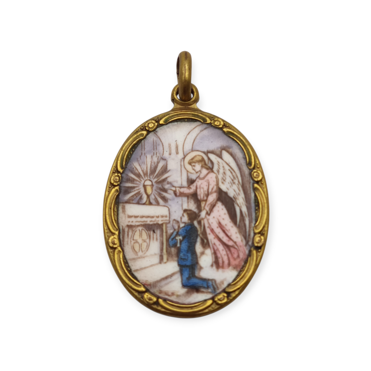 Art Nouveau religious medal in metal and enamel, circa 1910-20, angel and child in adoration