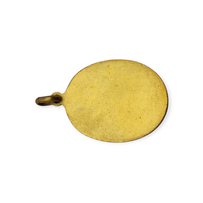 Art Nouveau religious medal in metal and enamel, circa 1910-20, angel and child in adoration