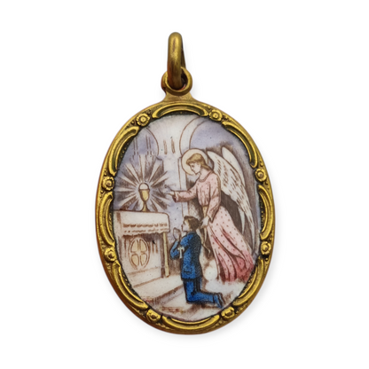 Art Nouveau religious medal in metal and enamel, circa 1910-20, angel and child in adoration