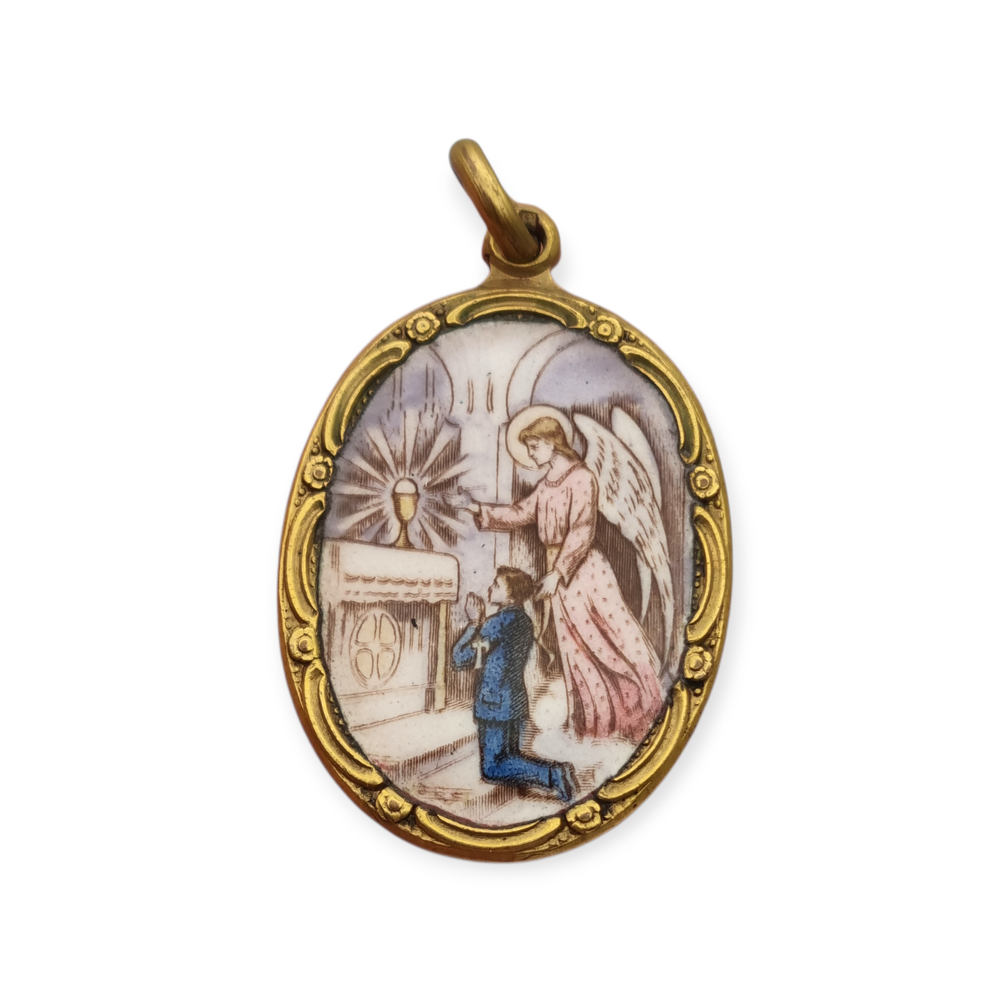 Art Nouveau religious medal in metal and enamel, circa 1910-20, angel and child in adoration