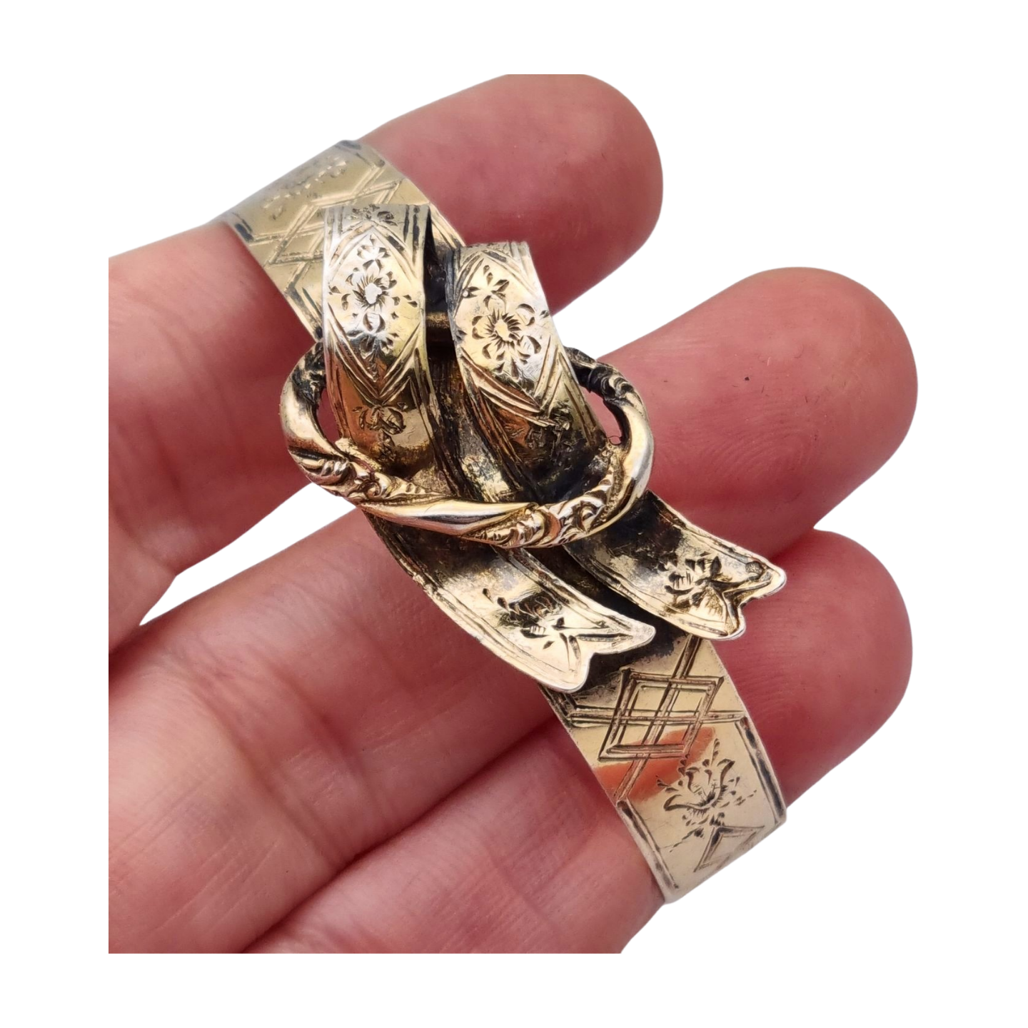European Victorian bracelet in gilt silver with floral engraving and central bow, late 19th century