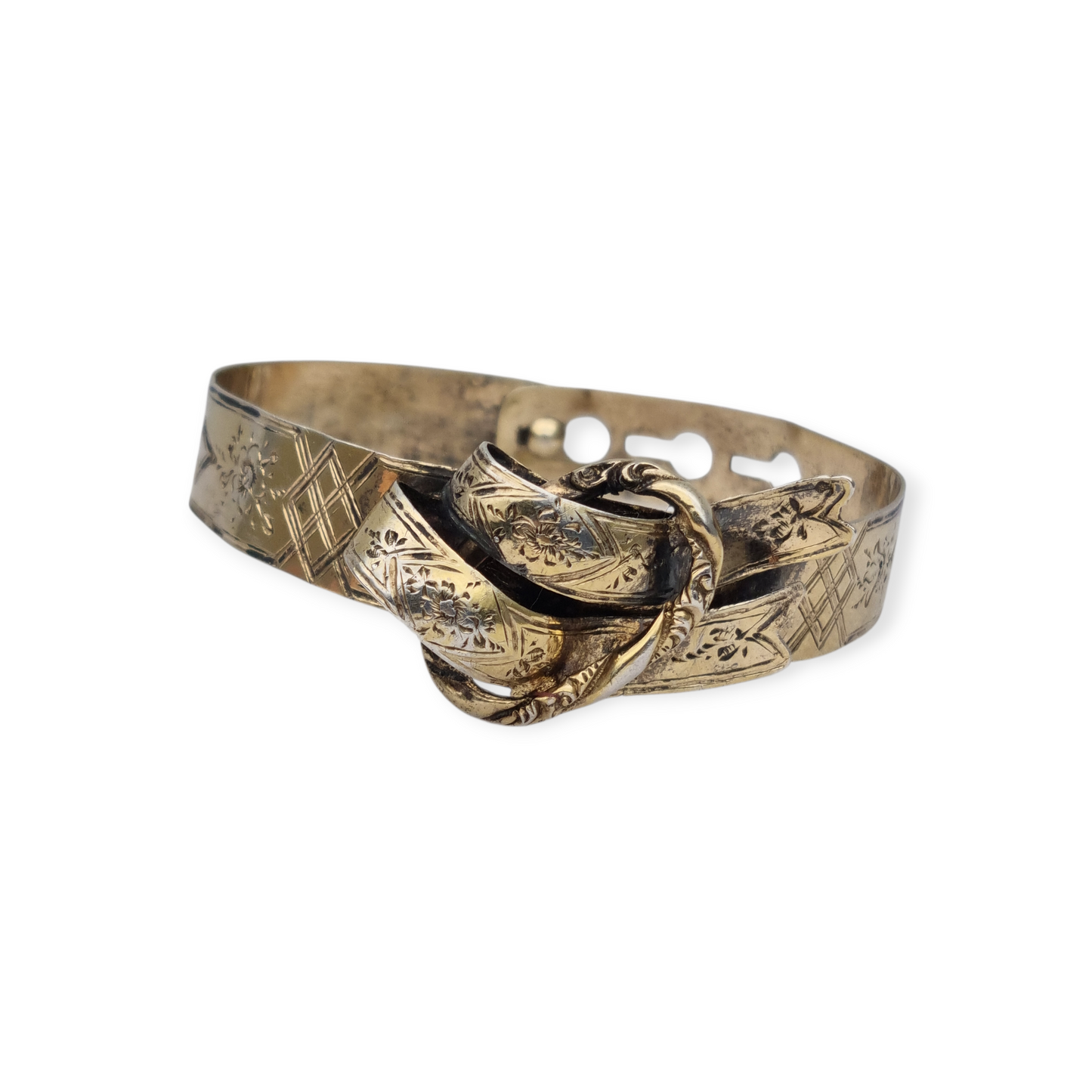 European Victorian bracelet in gilt silver with floral engraving and central bow, late 19th century