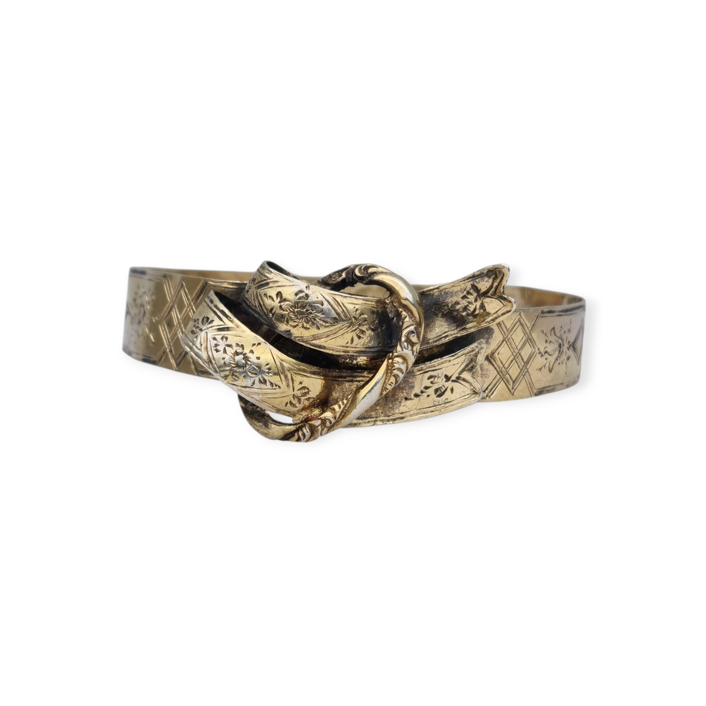European Victorian bracelet in gilt silver with floral engraving and central bow, late 19th century