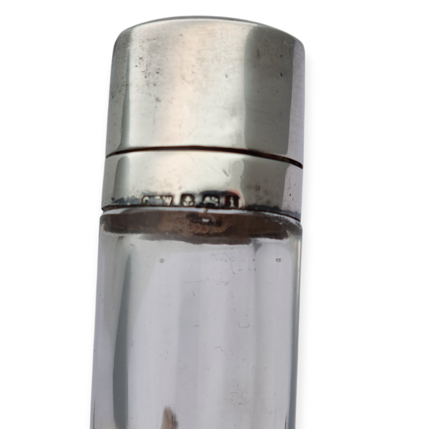 Victorian silver and glass perfume bottle, Birmingham 1908, "CEW" "CE Williams"