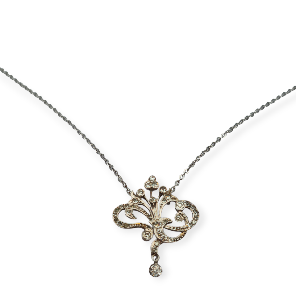 Victorian-inspired floral silver pendant with cubic zirconia, 60s-70s