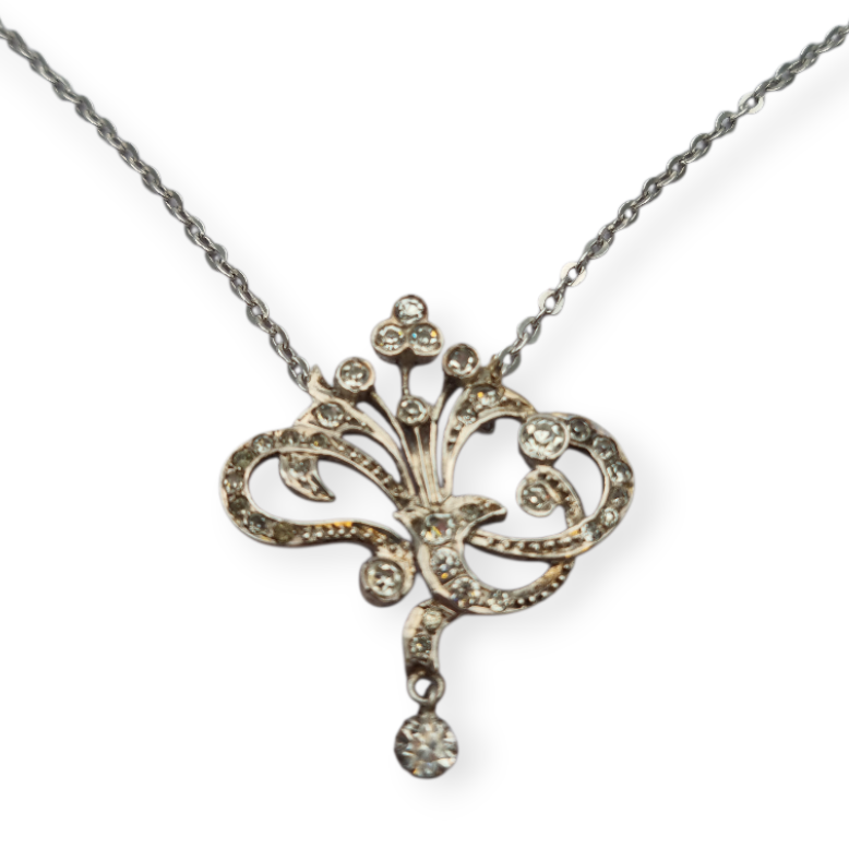 Victorian-inspired floral silver pendant with cubic zirconia, 60s-70s