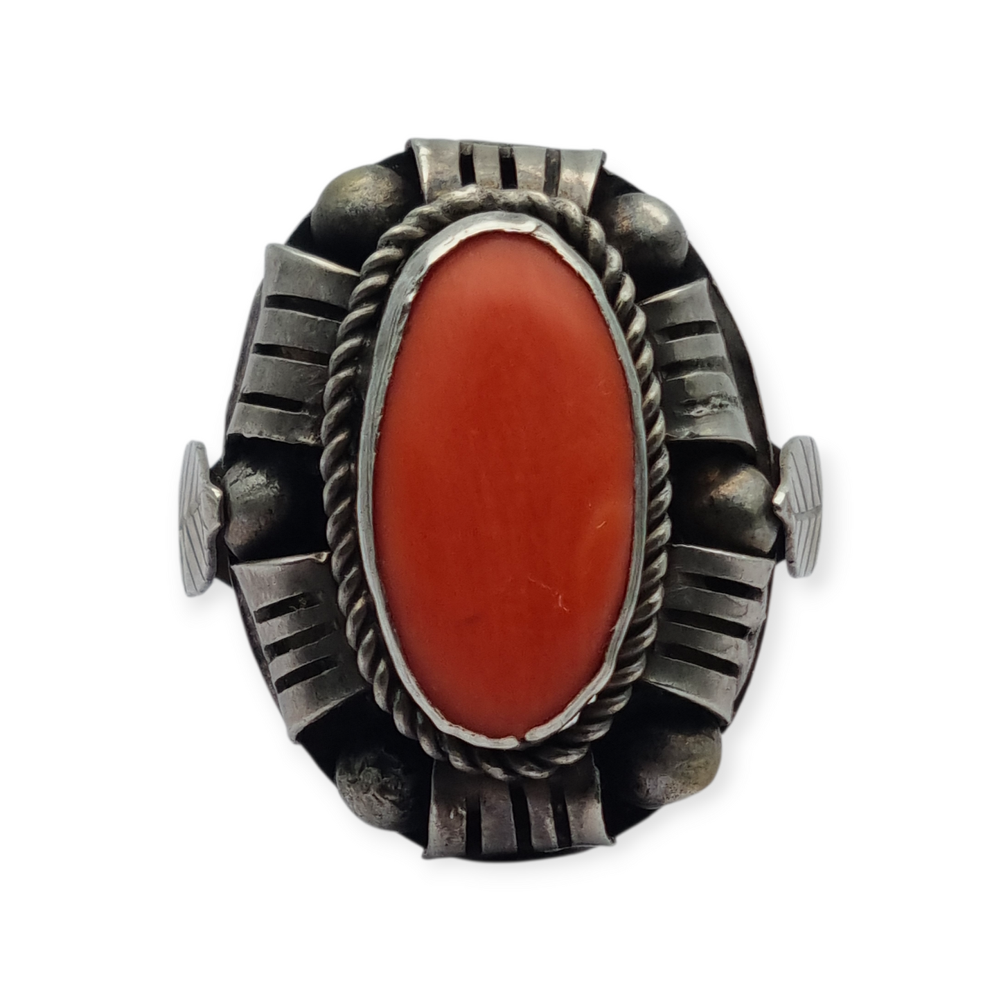 Art Deco style ring in 800 silver with oval coral, 1950s-60s, size 13 Spain