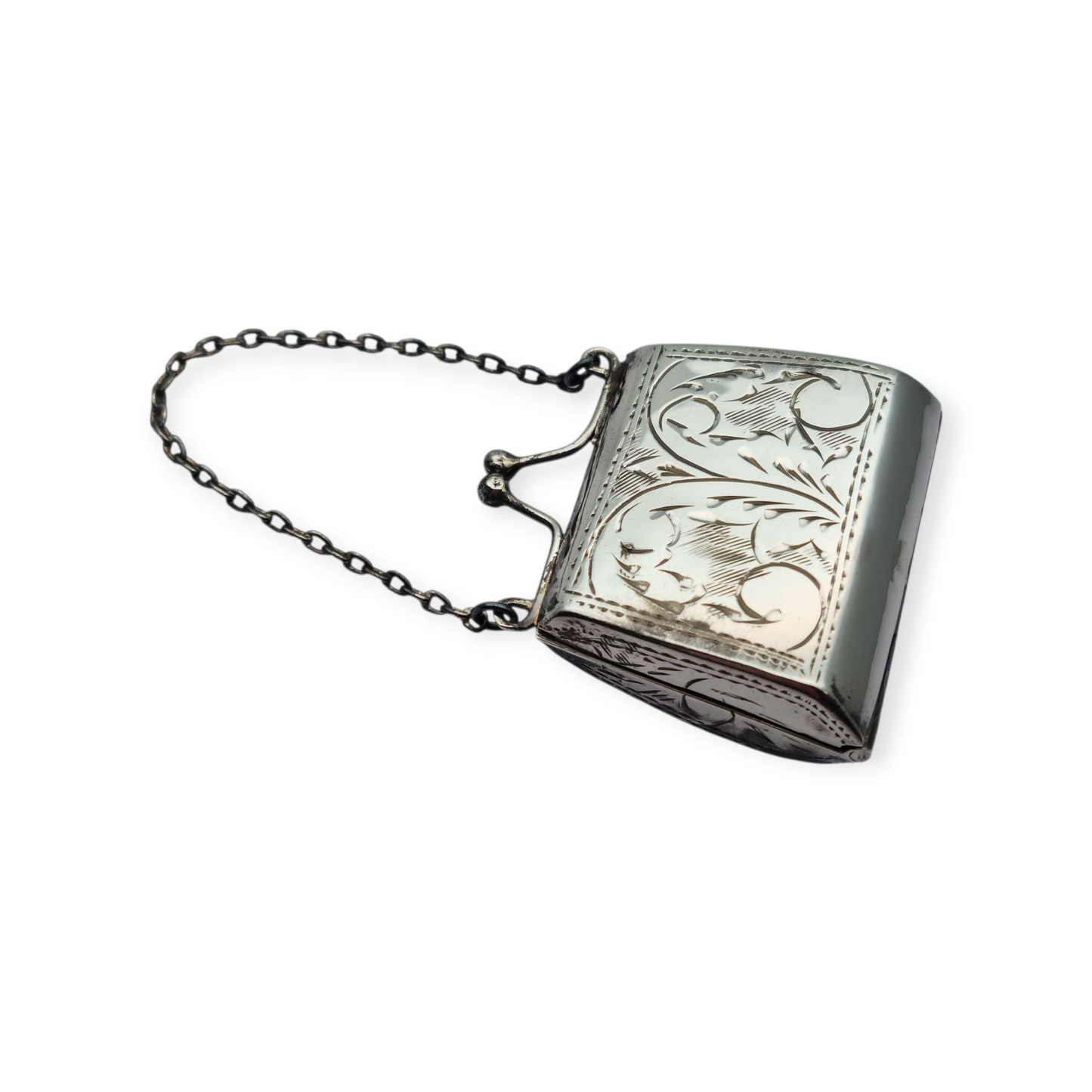 Vintage 925 silver coin purse with chain and floral engraving, 1960s.