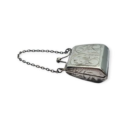 Vintage 925 silver coin purse with chain and floral engraving, 1960s.