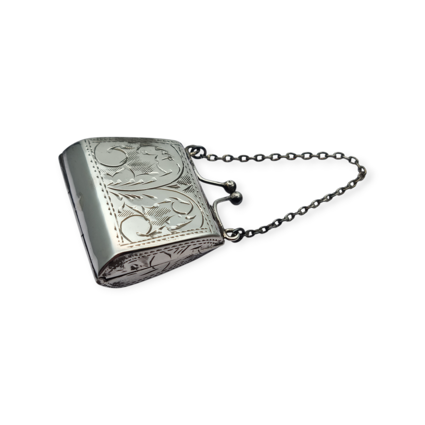 Vintage 925 silver coin purse with chain and floral engraving, 1960s.