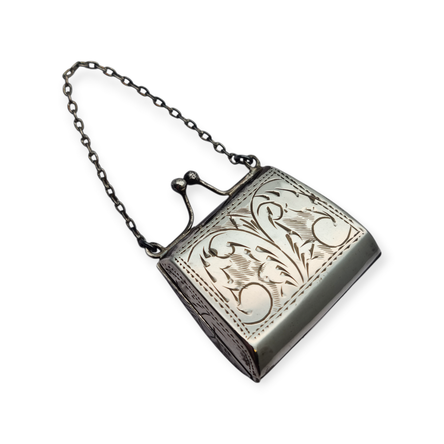 Vintage 925 silver coin purse with chain and floral engraving, 1960s.