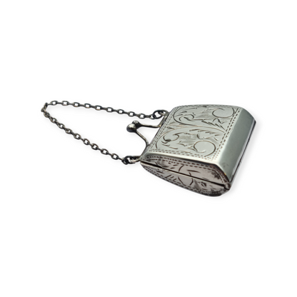 Vintage 925 silver coin purse with chain and floral engraving, 1960s.