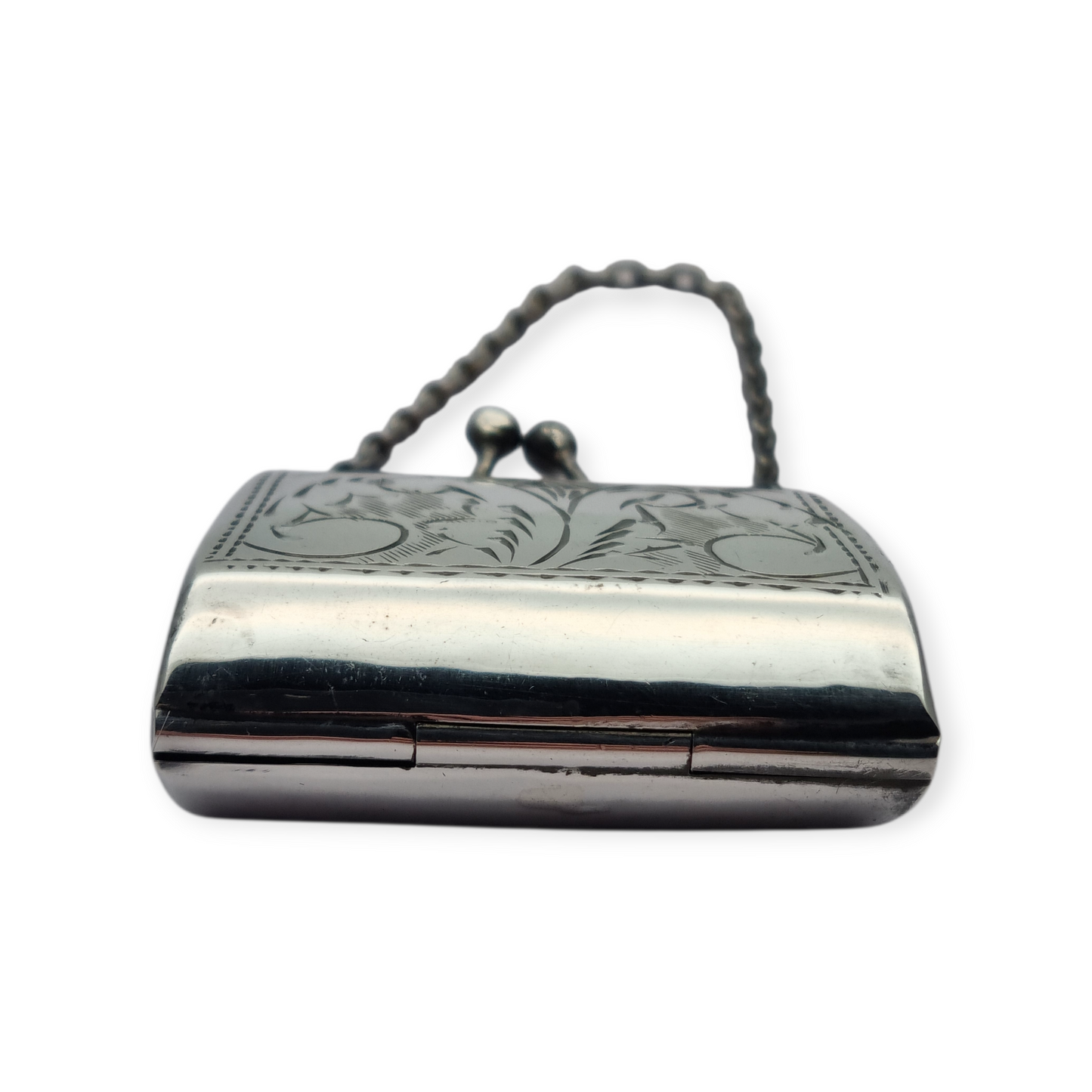 Vintage 925 silver coin purse with chain and floral engraving, 1960s.