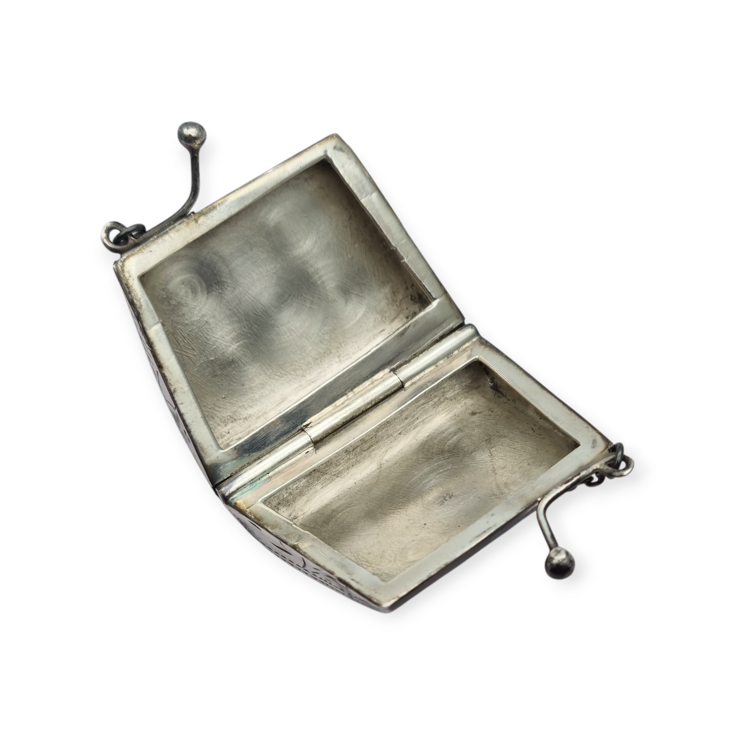 Vintage 925 silver coin purse with chain and floral engraving, 1960s.