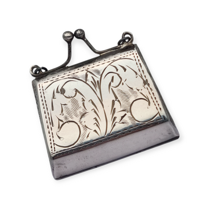 Vintage 925 silver coin purse with chain and floral engraving, 1960s.