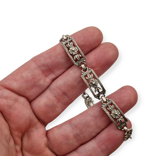 Pulsera vintage española años 60-70 en plata 925 con eslabones florales