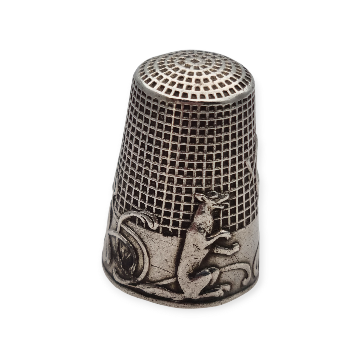 Dedal antiguo plata maciza fábula El zorro y la cigüeña La Fontaine circa 1920-30