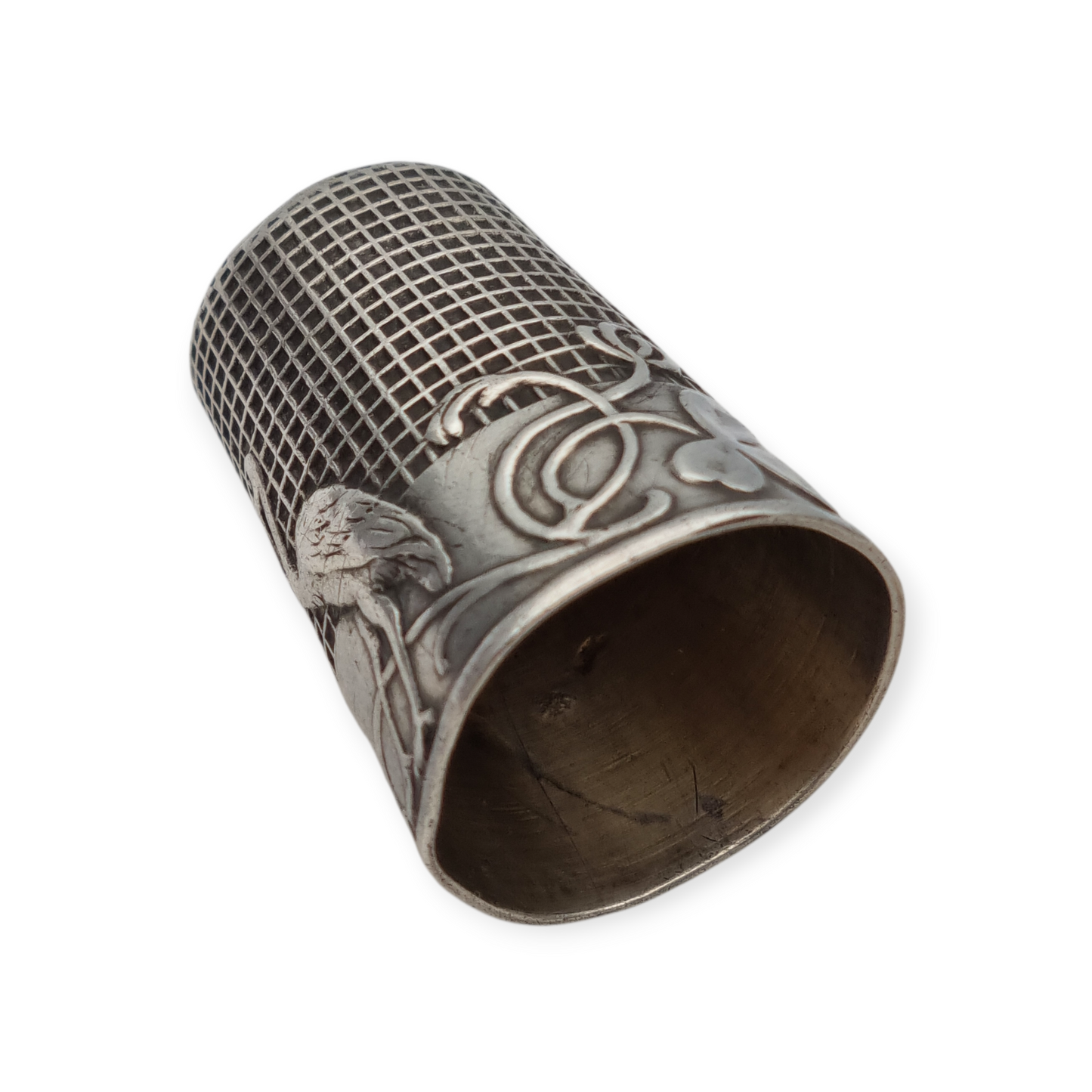 Dedal antiguo plata maciza fábula El zorro y la cigüeña La Fontaine circa 1920-30